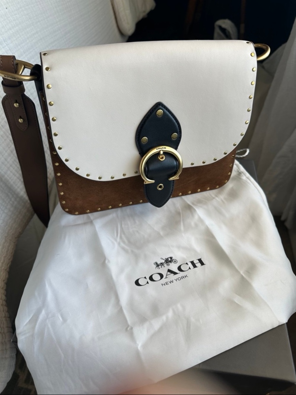 Coach Beat Bag Two-Tone Leather & Suede Crossbody - White, Brown, Black- 3 strap